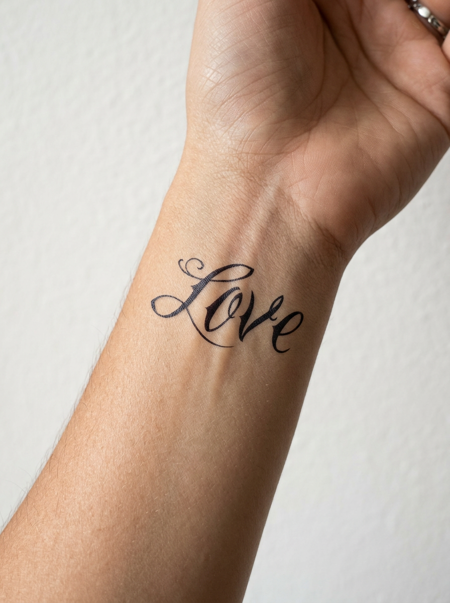 Tatouage Love Calligraphie appliqué sur poignet