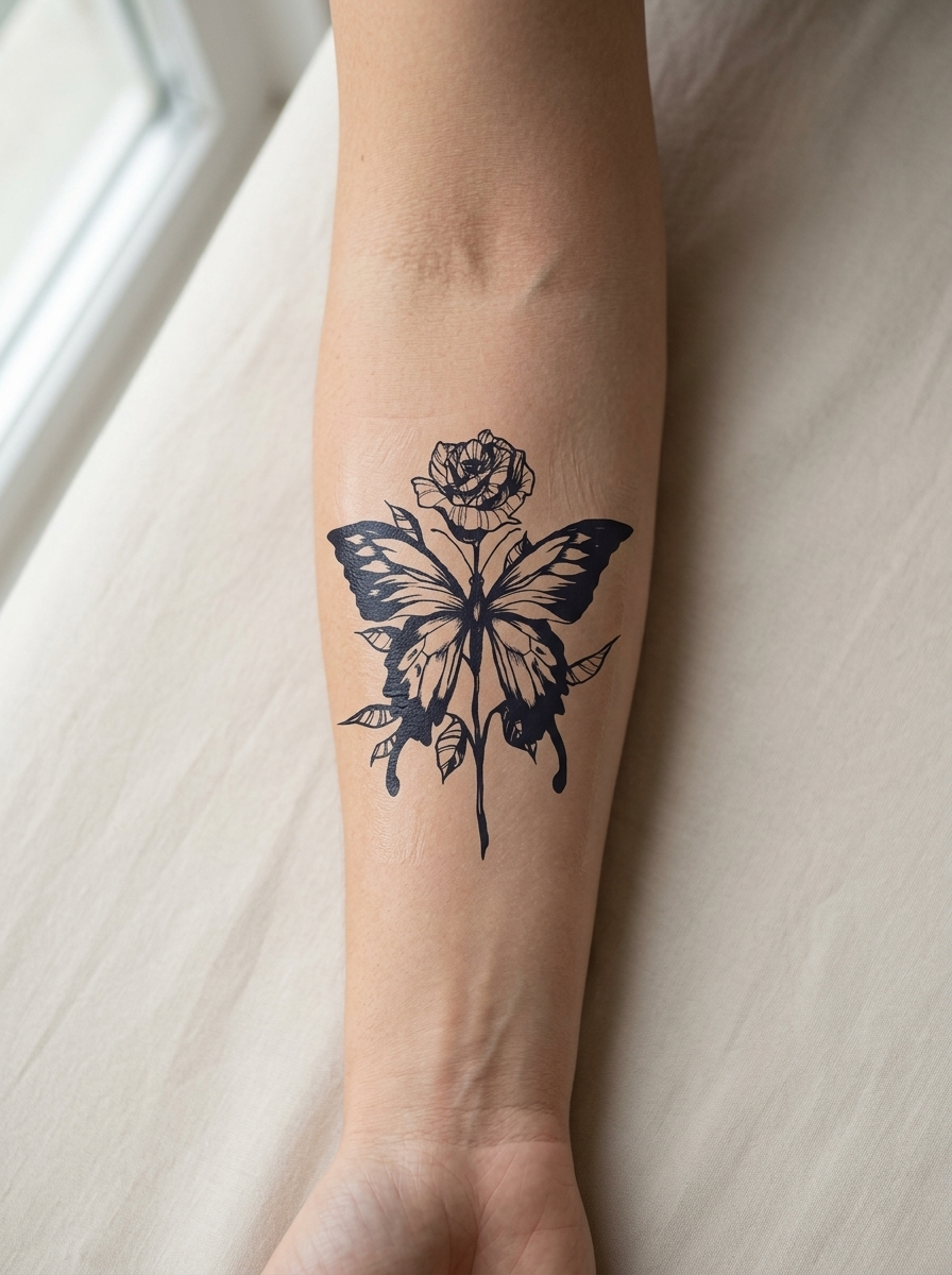 Tatouage Fleur Ailée appliqué sur avant-bras