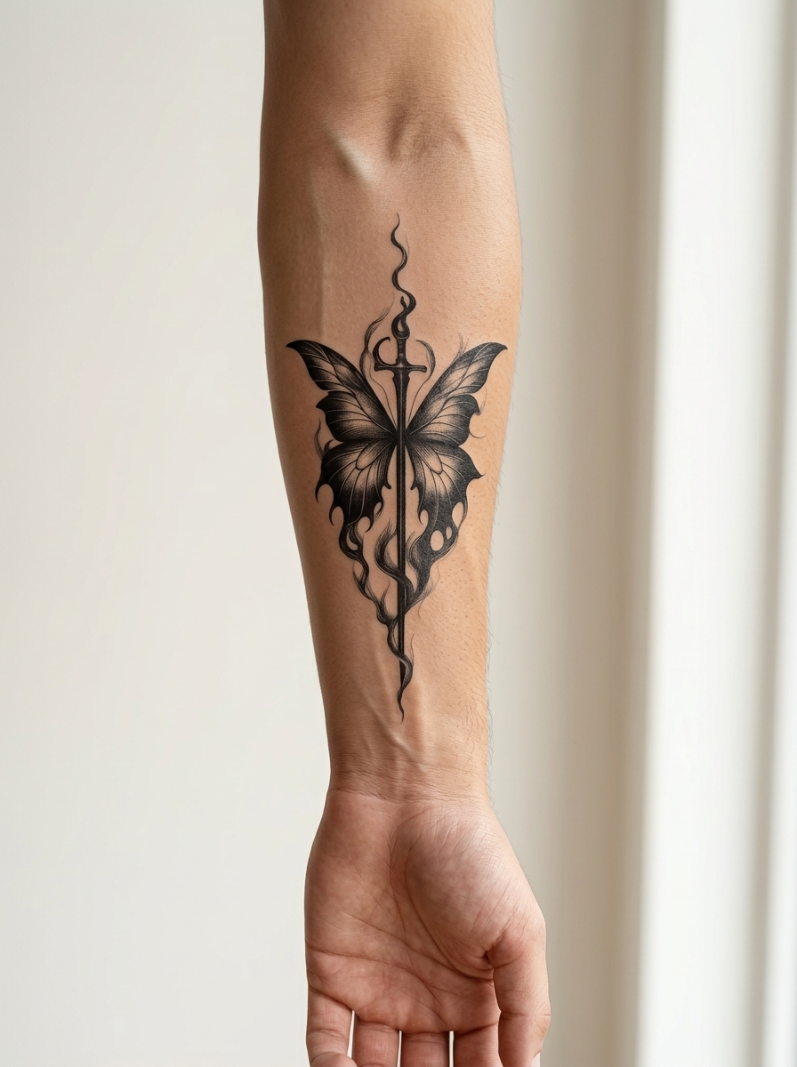 Tatouage Papillon et Lame appliqué sur avant-bras