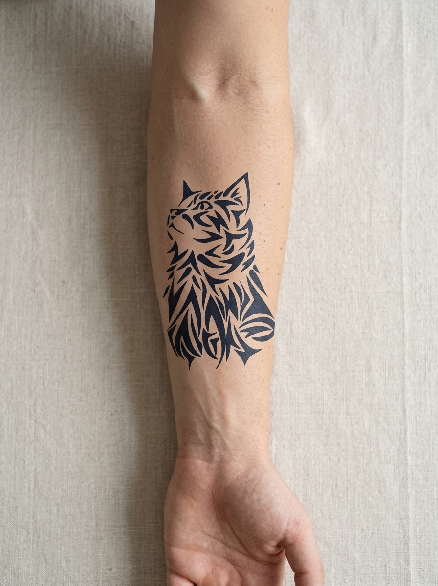 Tatouage Chat Tribal appliqué sur avant-bras