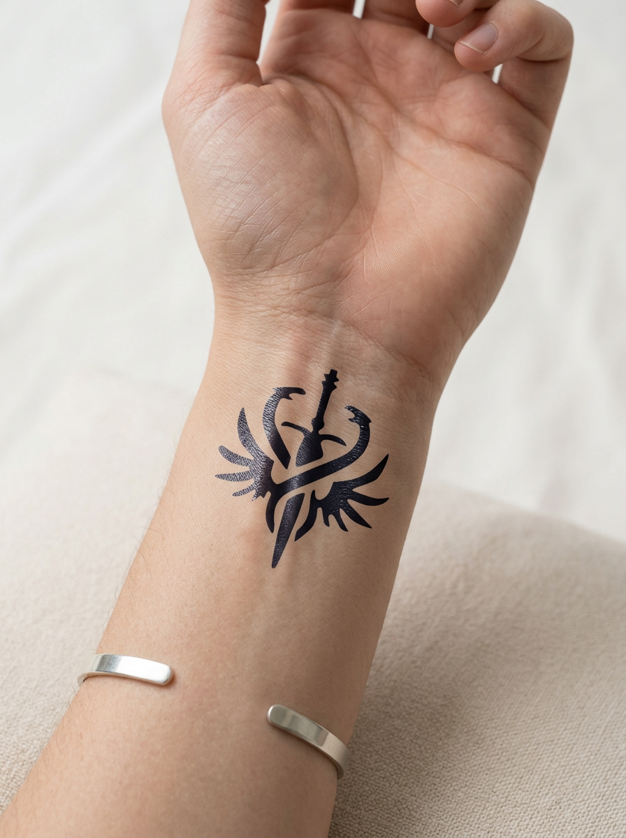 Tatouage Épée Ailée Tribale appliqué sur poignet