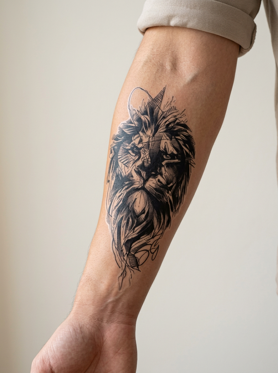 Tatouage Lion Souverain appliqué sur avant-bras