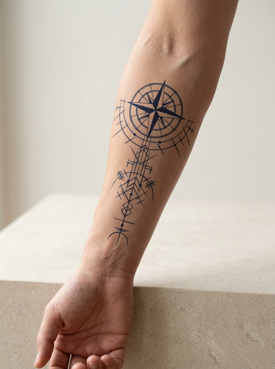 Tatouage Boussole Solaire appliqué sur avant-bras