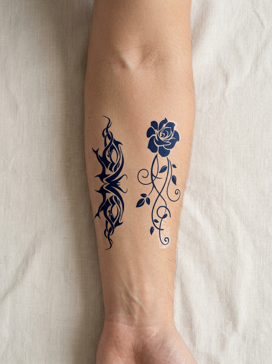 Tatouage Tribal et Rose appliqué sur avant-bras