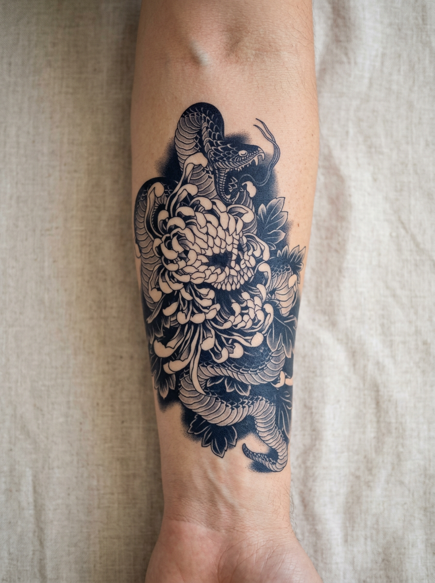 Tatouage Serpent et Chrysanthème appliqué sur avant-bras