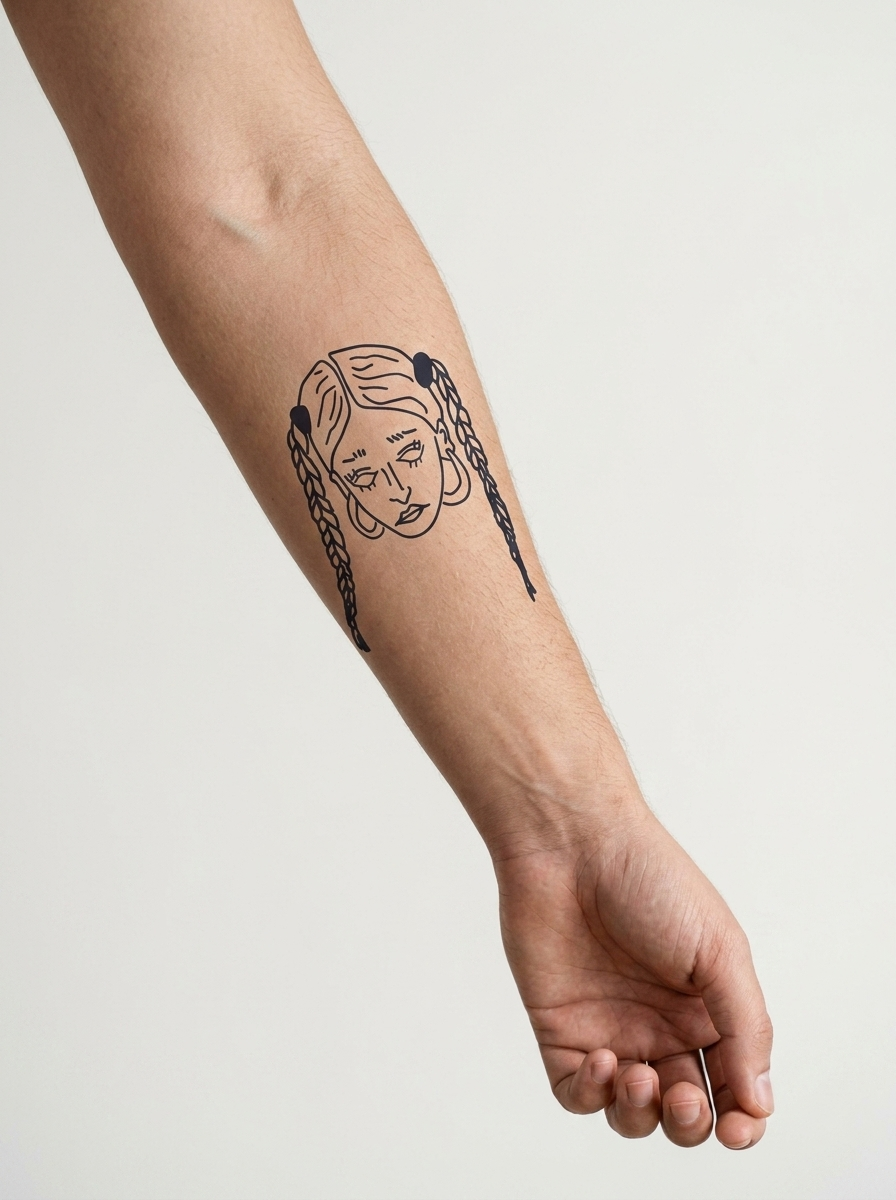 Tatouage Fille aux Tresses appliqué sur avant-bras