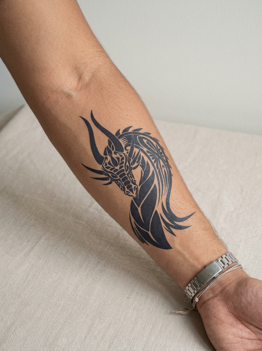 Tatouage Dragon Cornu appliqué sur avant-bras