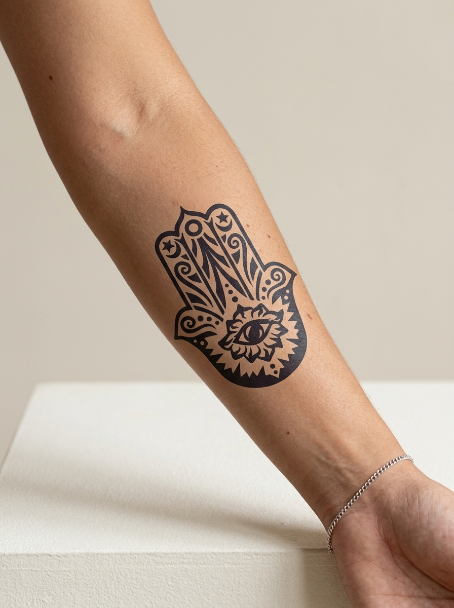 Tatouage Main de Fatma appliqué sur avant-bras