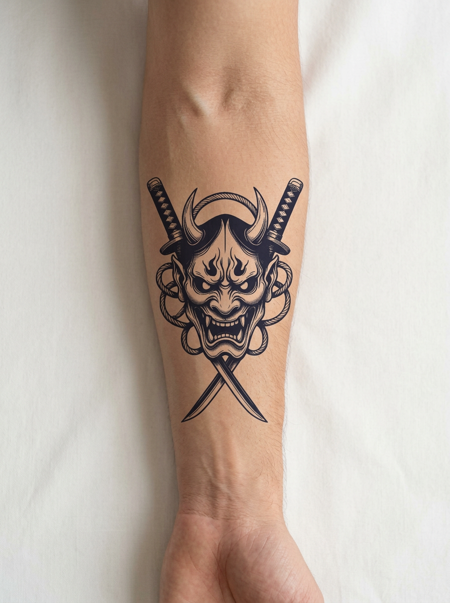 Tatouage Oni Samouraï appliqué sur avant-bras