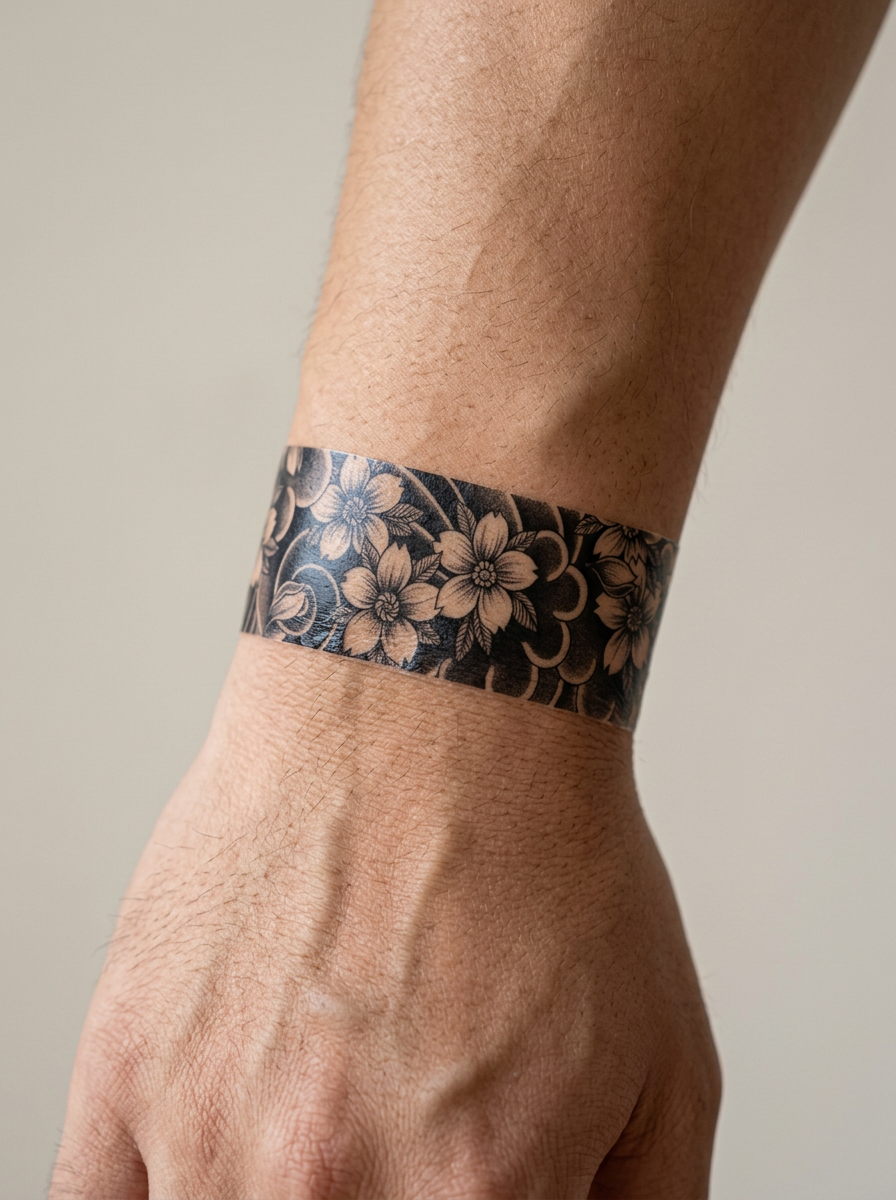Tatouage Bracelet Fleurs Gravées appliqué sur poignet