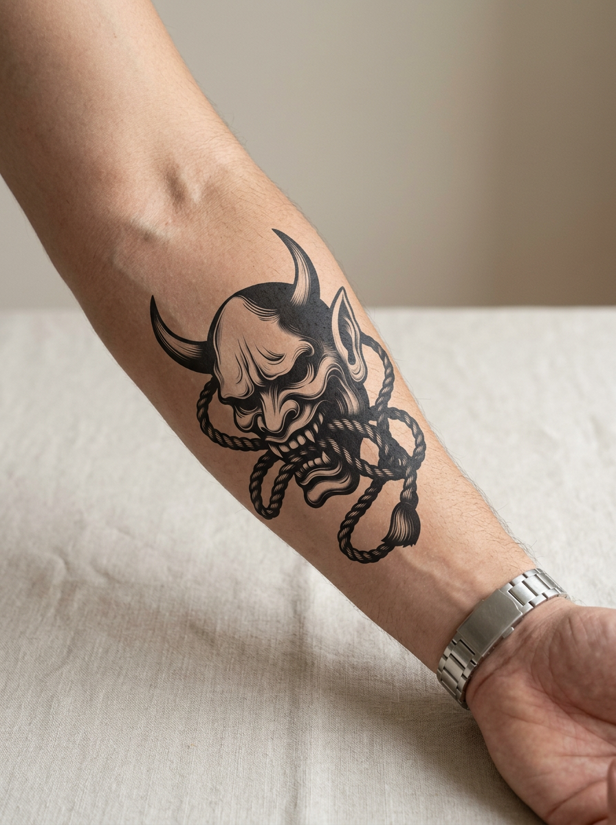 Tatouage Oni et Corde appliqué sur avant-bras