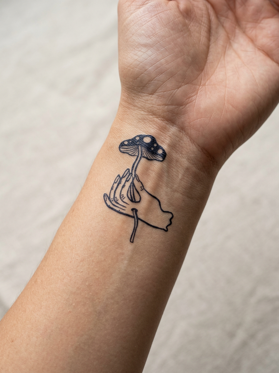 Tatouage Cueillette de champignons appliqué sur poignet