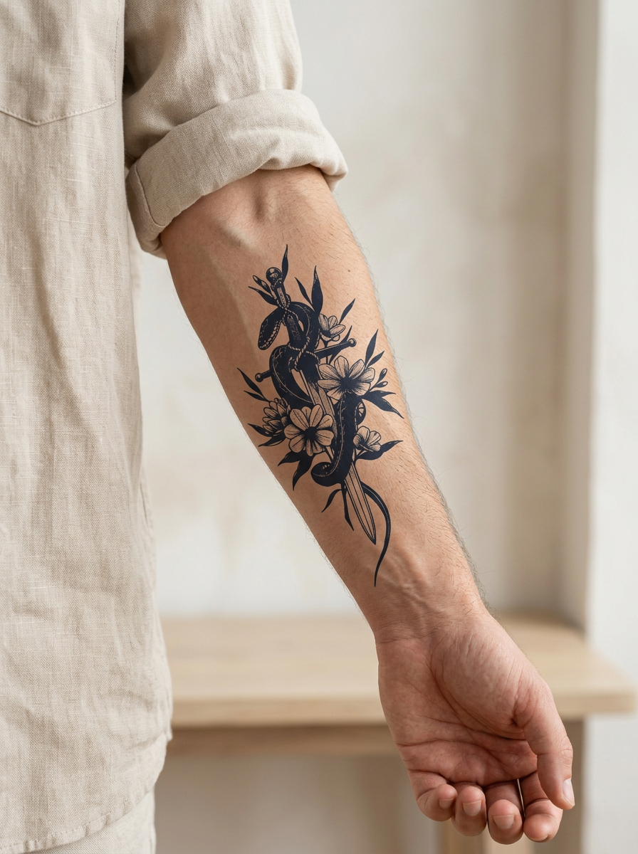 Tatouage Lame et Serpent appliqué sur avant-bras