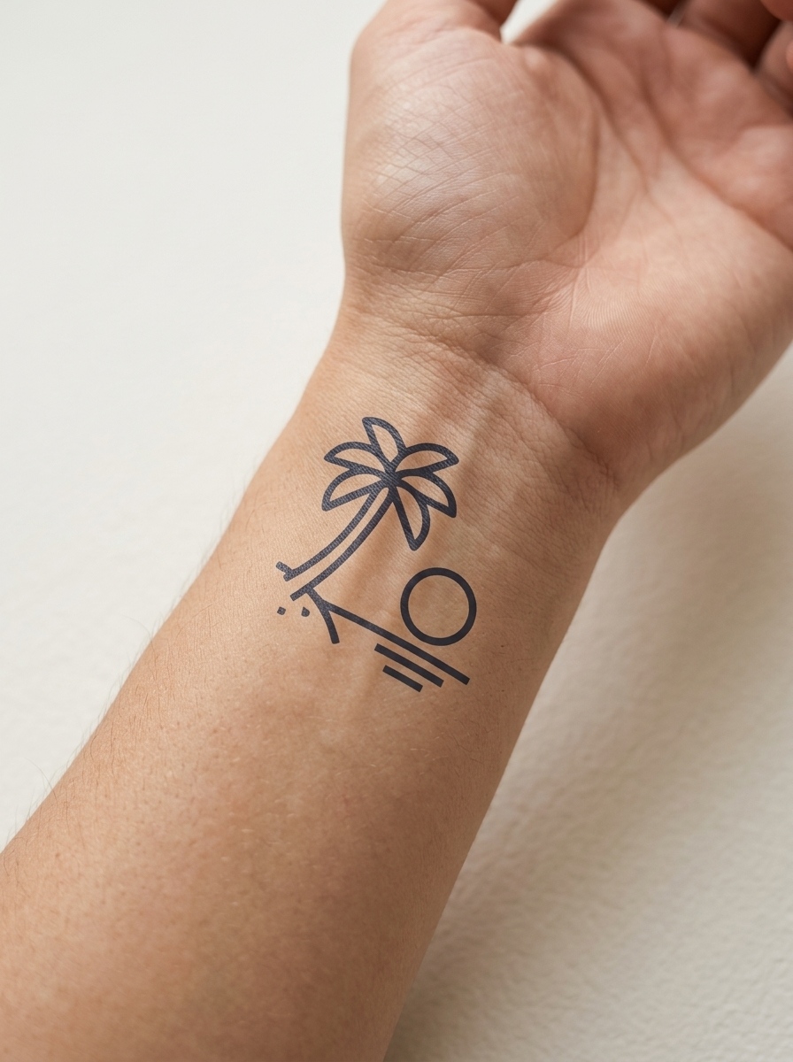Tatouage Plage et Cocotier appliqué sur poignet