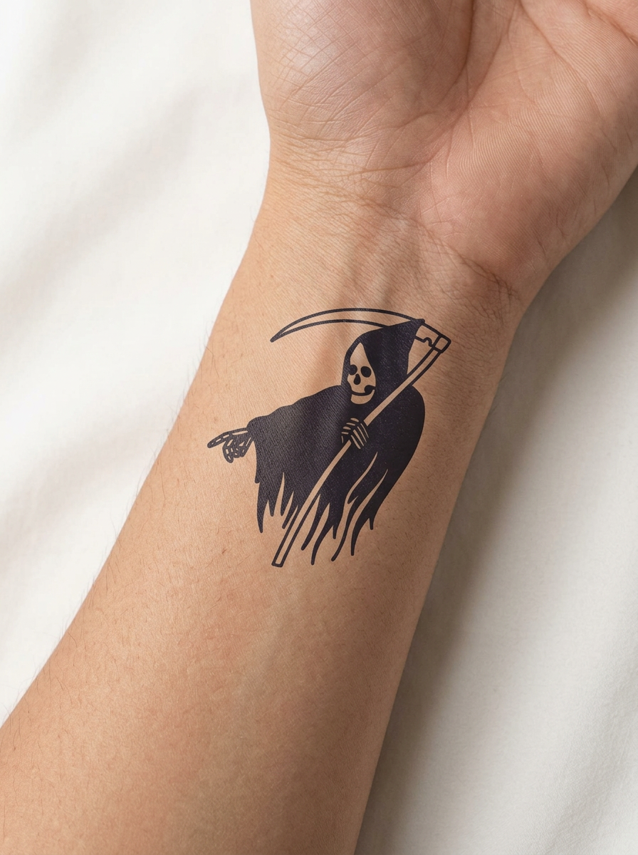 Tatouage Faucheuse Sombre appliqué sur poignet