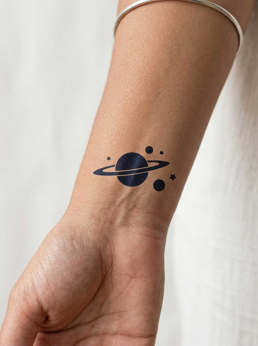 Tatouage Planète Saturne appliqué sur poignet