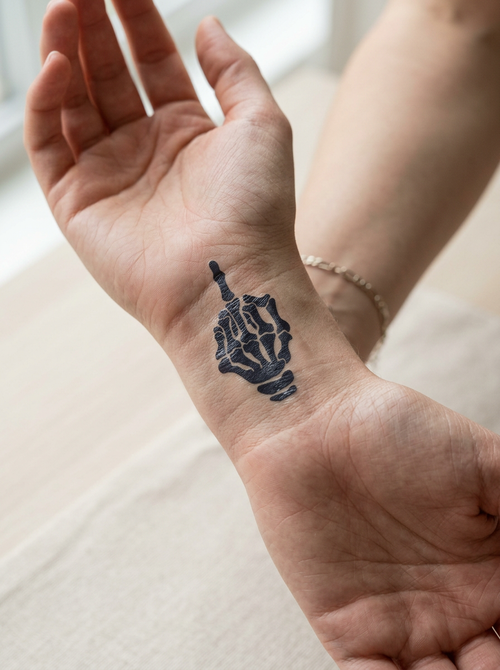 Tatouage Doigt Squelette appliqué sur poignet