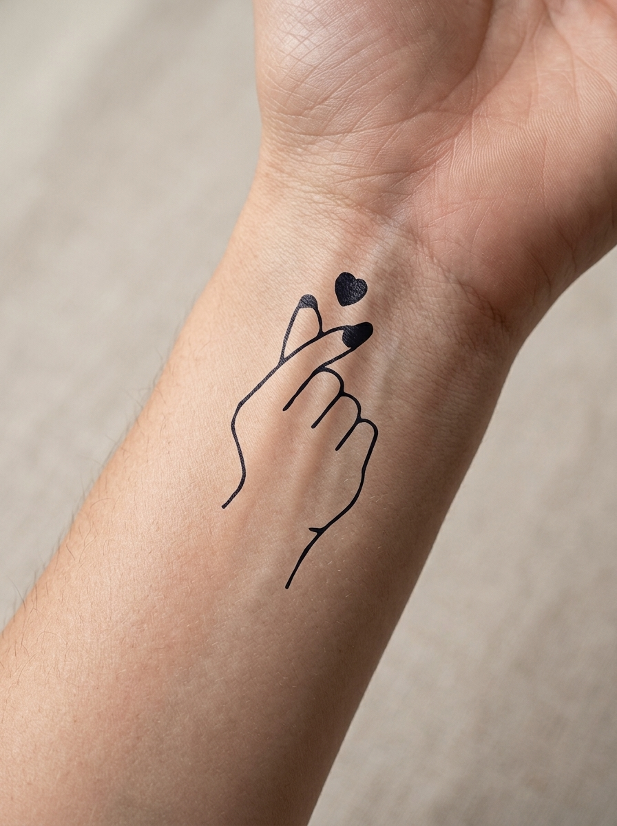 Tatouage Doigt Cœur Coréen appliqué sur poignet