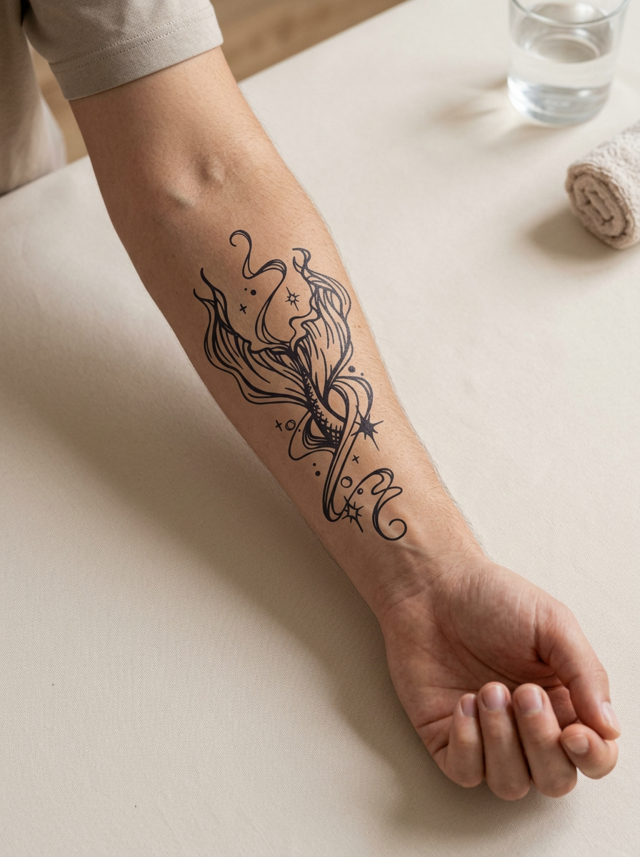 Tatouage Flamme Magique appliqué sur avant-bras