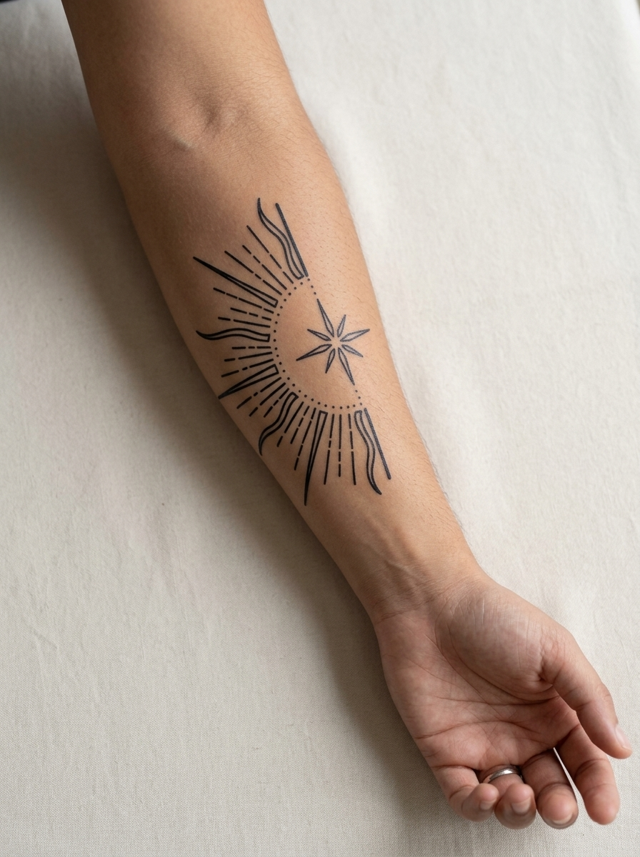 Tatouage Étoile Radiante appliqué sur avant-bras