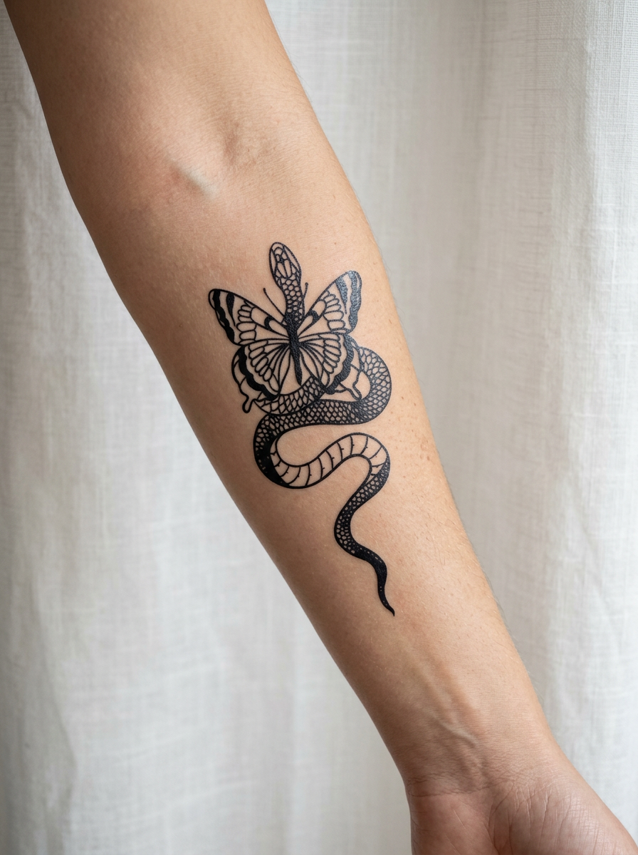 Tatouage Serpent Papillon appliqué sur avant-bras