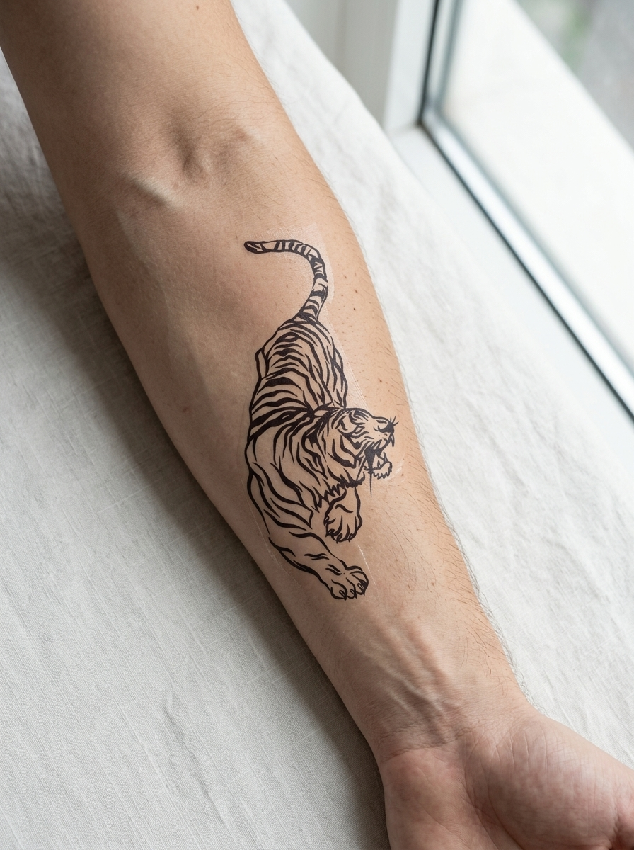 Tatouage Tigre Bondissant appliqué sur avant-bras