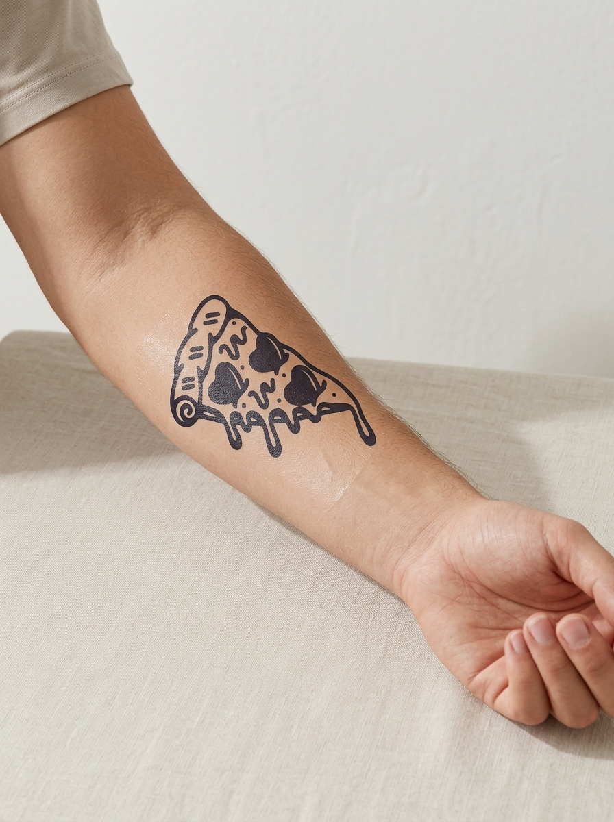 Tatouage Pizza Love appliqué sur avant-bras