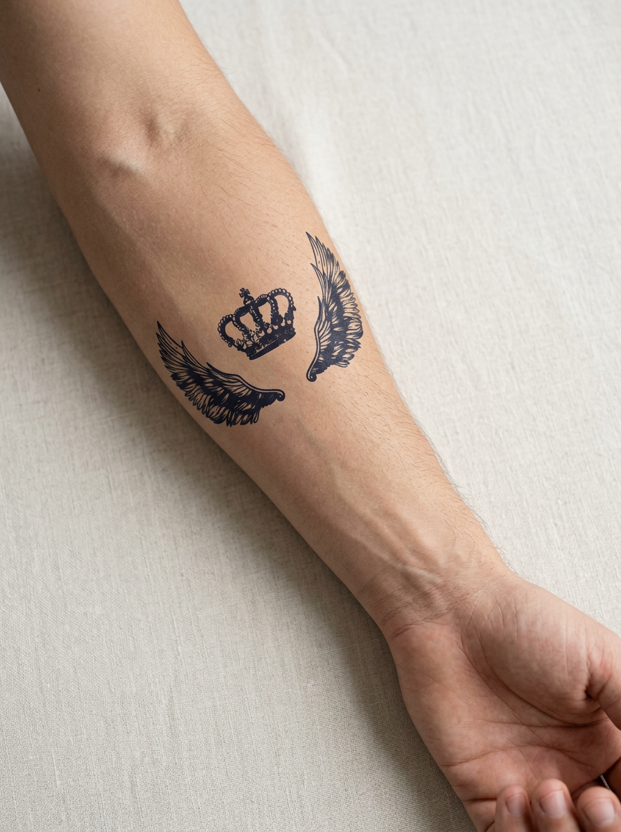Tatouage Couronne Ailée appliqué sur avant-bras