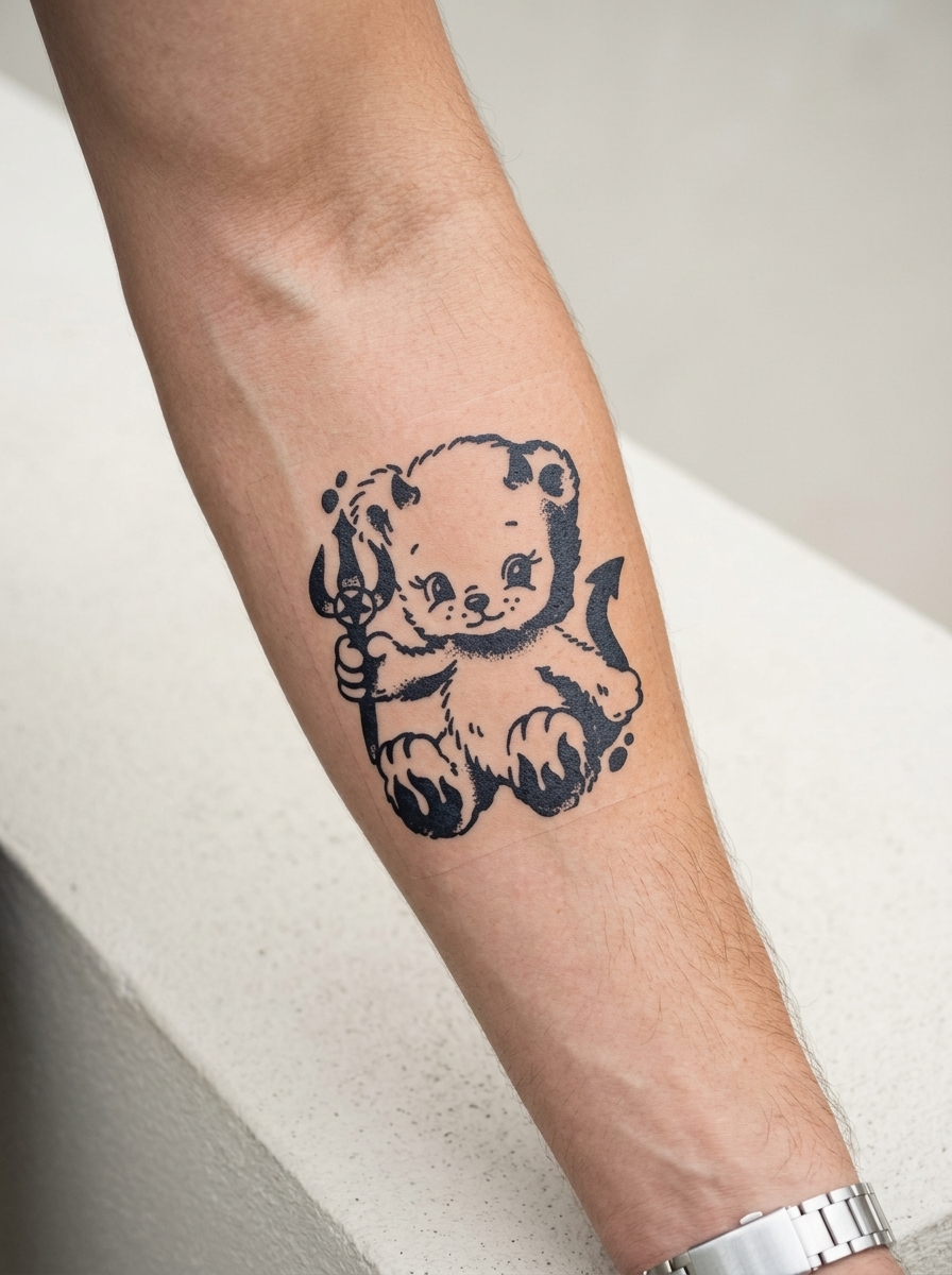 Tatouage Ourson Diabolique appliqué sur avant-bras