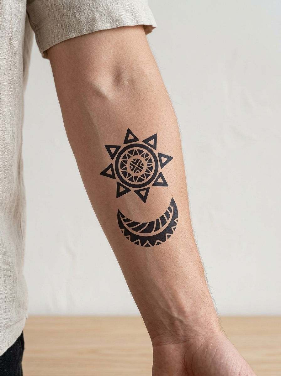 Tatouage Soleil & Lune appliqué sur avant-bras
