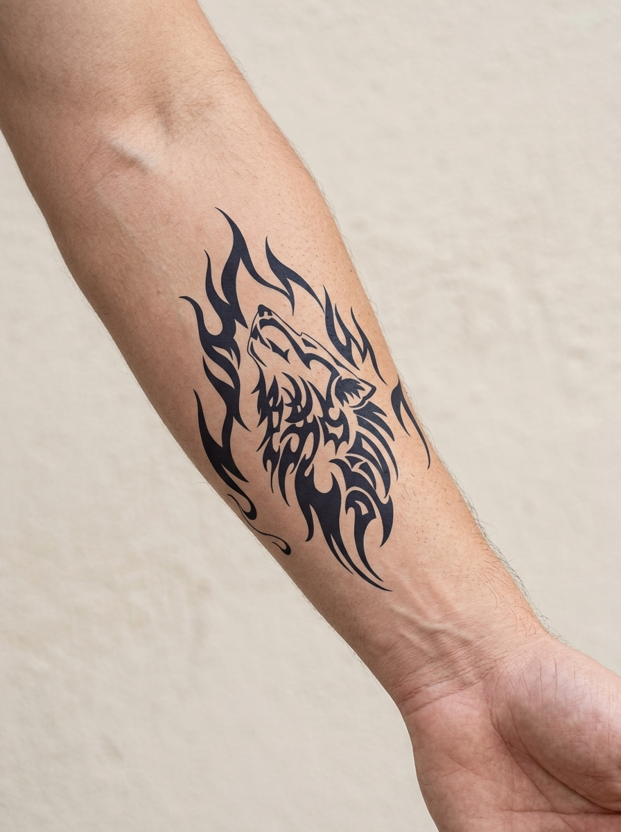 Tatouage Loup en Flammes appliqué sur avant-bras