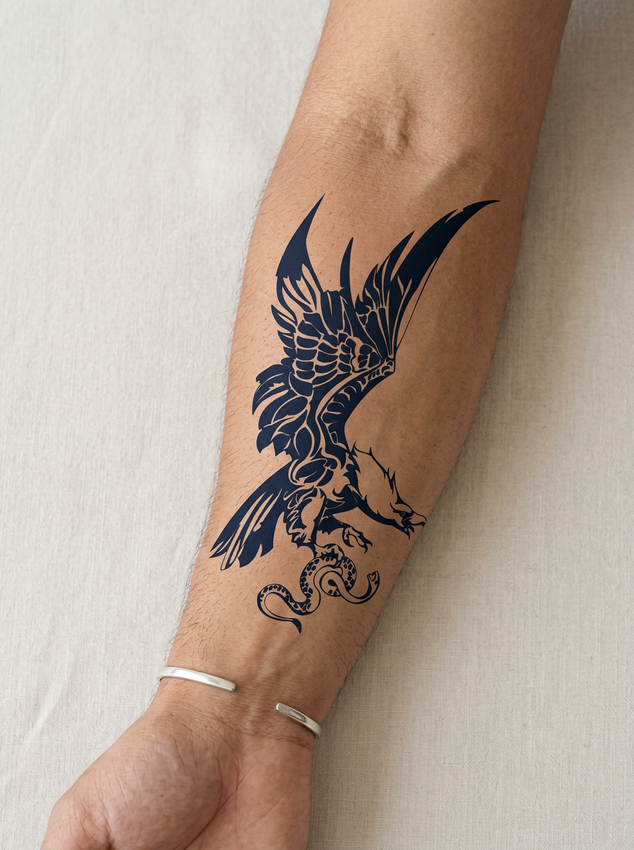 Tatouage Aigle & Serpent appliqué sur avant-bras
