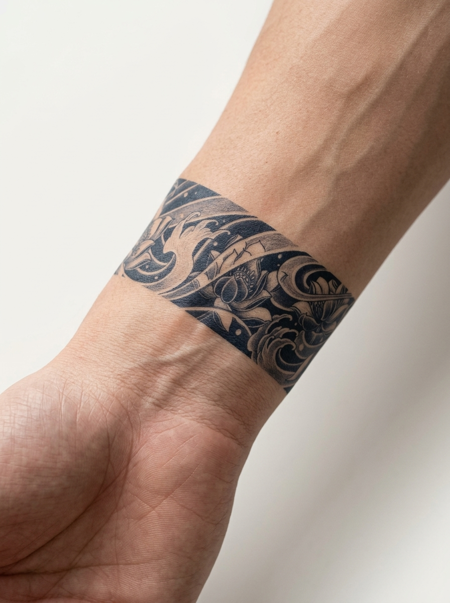 Tatouage Bracelet Océanique appliqué sur poignet