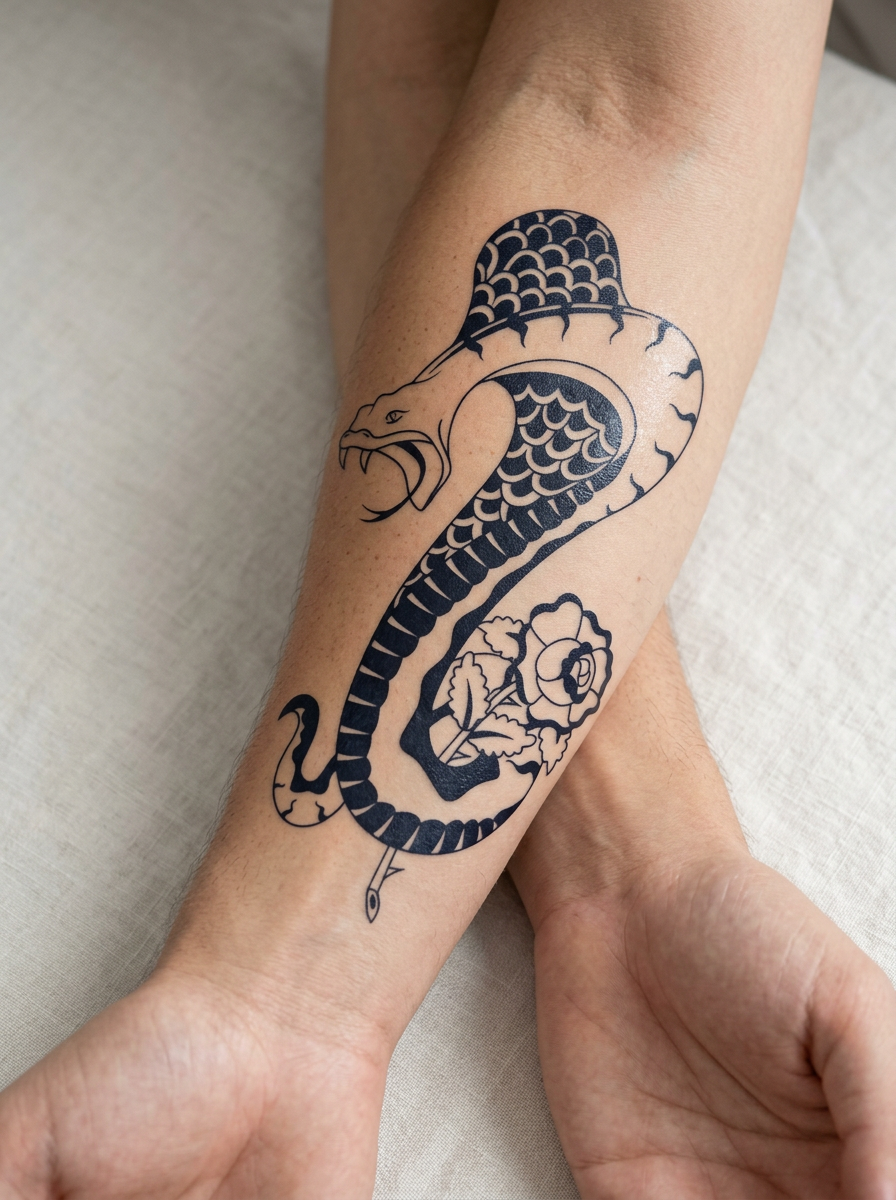 Tatouage Cobra Floral appliqué sur avant-bras