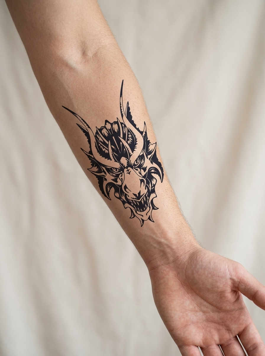 Tatouage Dragon Souriant appliqué sur avant-bras