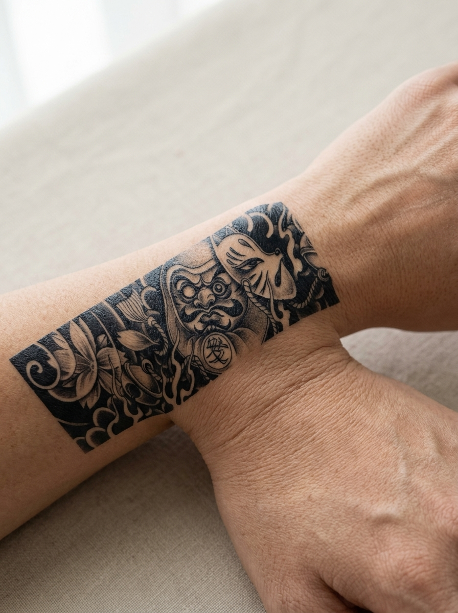 Tatouage Bracelet Masque des Vagues appliqué sur poignet
