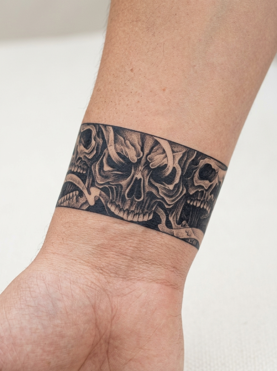 Tatouage Bracelet Crânes et Roses appliqué sur poignet