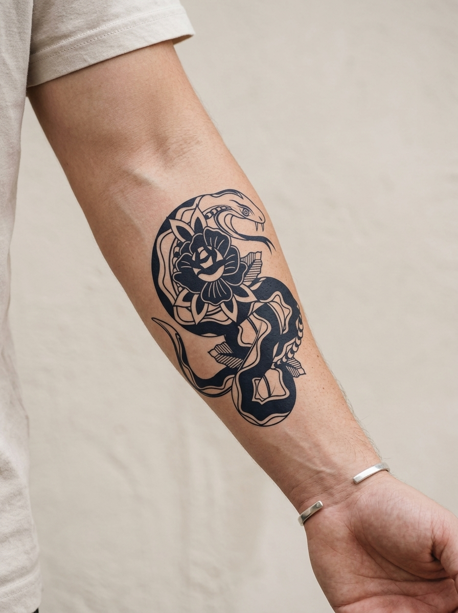 Tatouage Rose du Serpent appliqué sur avant-bras