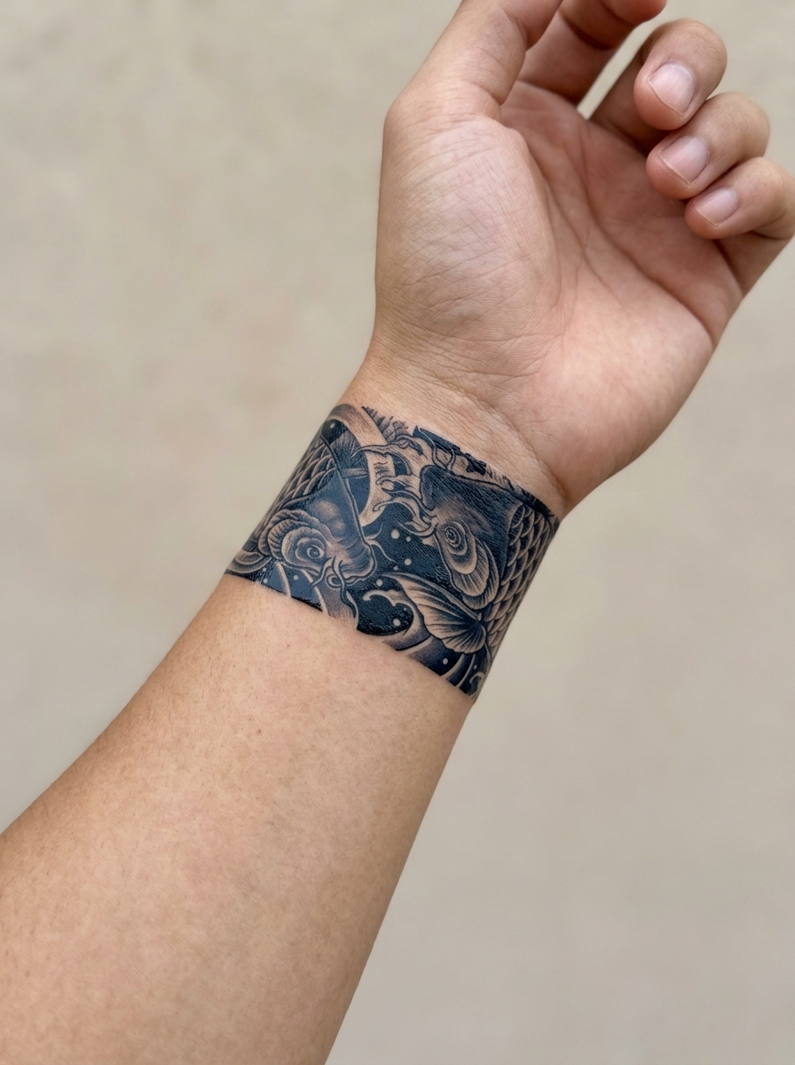 Tatouage Bracelet Koi Enlacé appliqué sur poignet