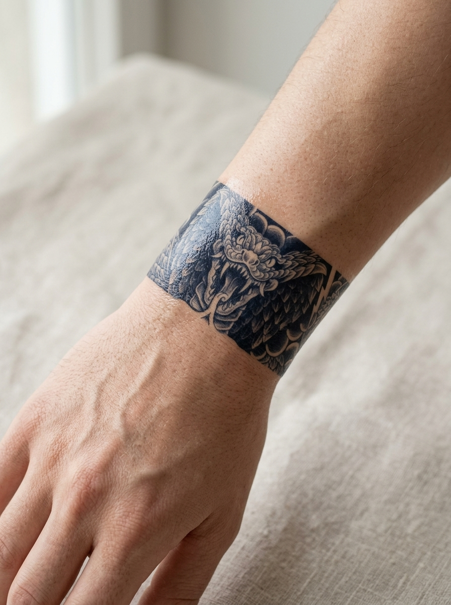 Tatouage Bracelet Serpent Furieux appliqué sur poignet