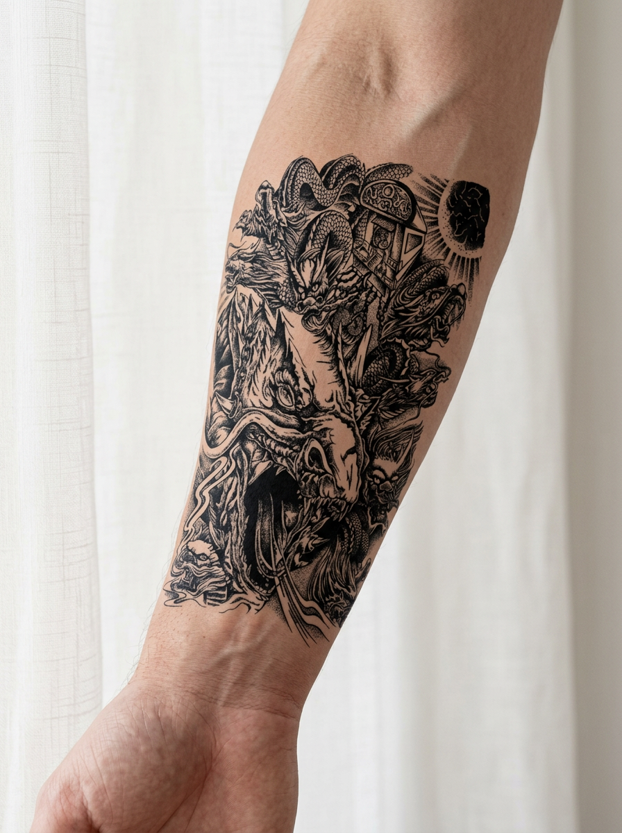 Tatouage Forêt du Dragon appliqué sur avant-bras