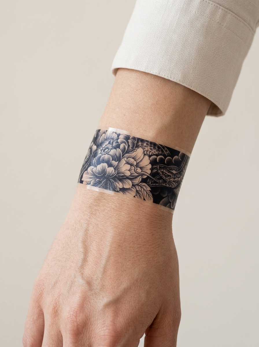 Tatouage Bracelet Fleurs et Vagues appliqué sur poignet