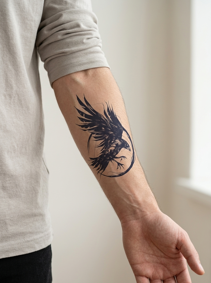 Tatouage Corbeau Libre appliqué sur avant-bras