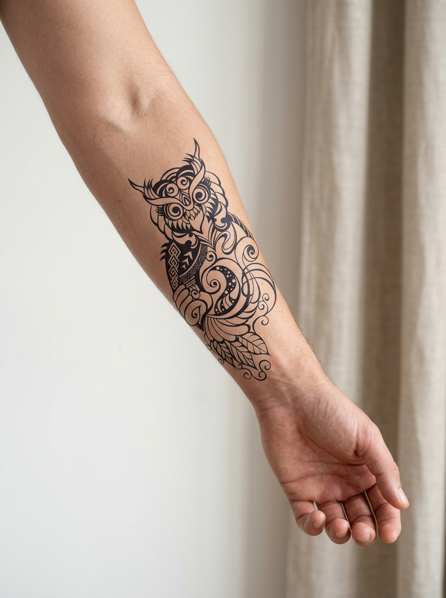 Tatouage Hibou Mystique appliqué sur avant-bras