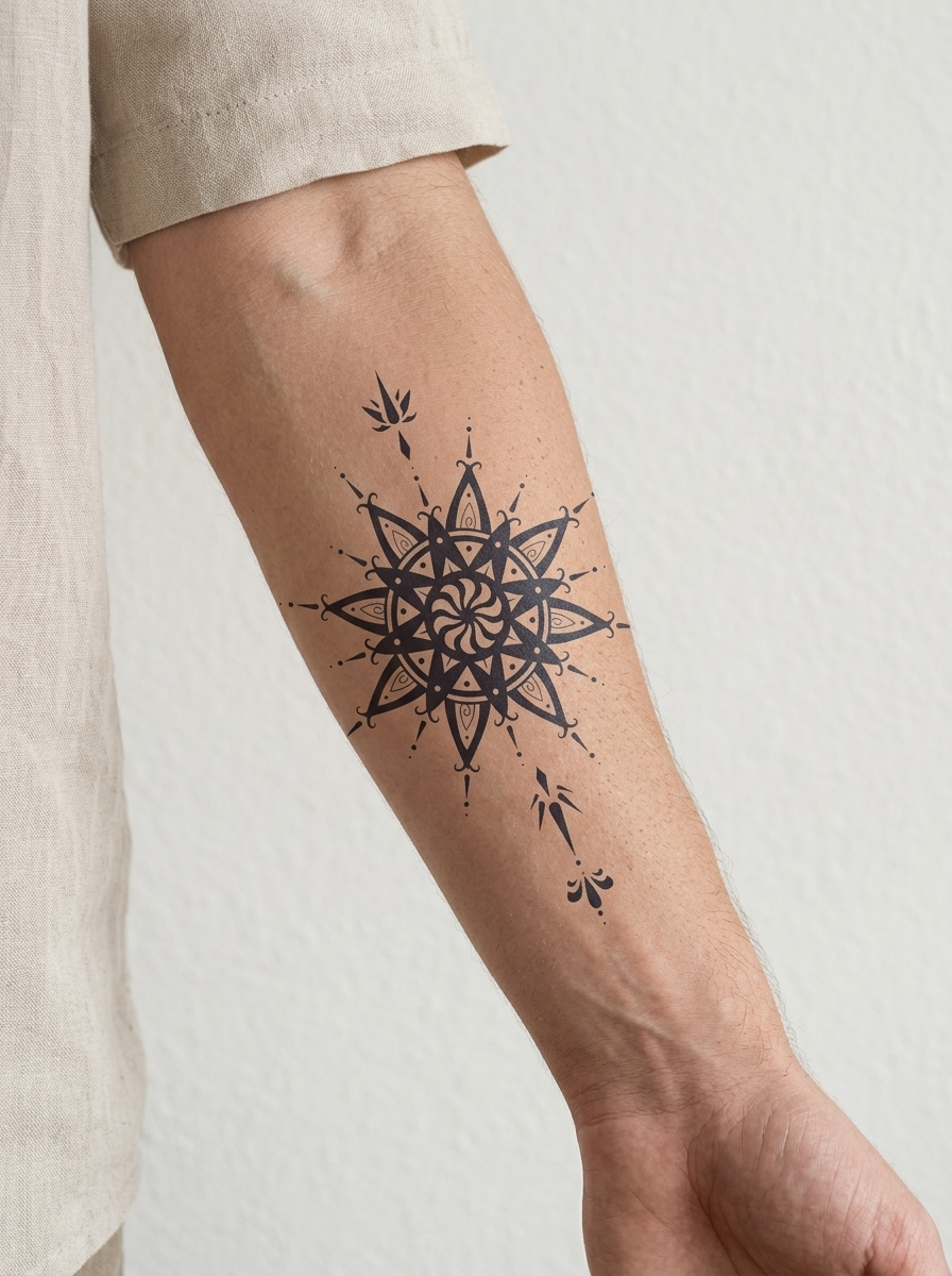 Tatouage Rose des Vents Astrale appliqué sur avant-bras