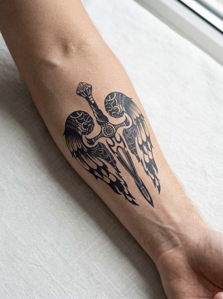 Tatouage Lame Ailée appliqué sur avant-bras