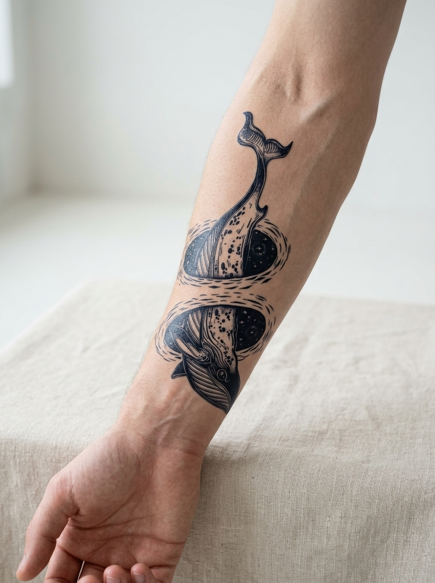 Tatouage Baleine en Spirale appliqué sur avant-bras