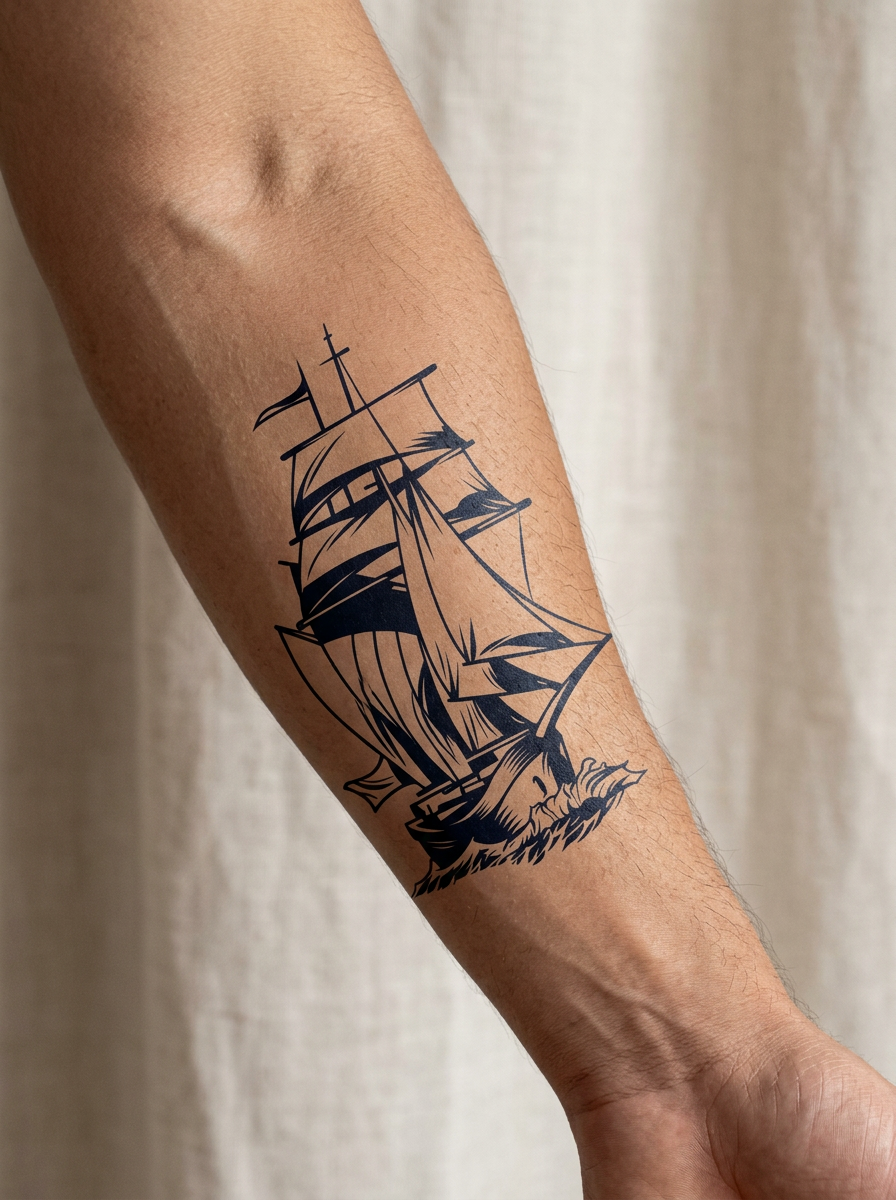 Tatouage Voilier des Âmes appliqué sur avant-bras
