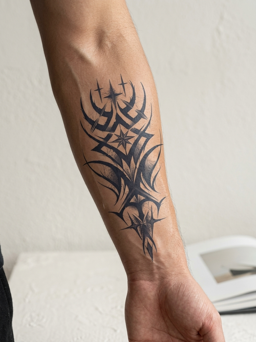 Tatouage Flamme Totémique appliqué sur avant-bras