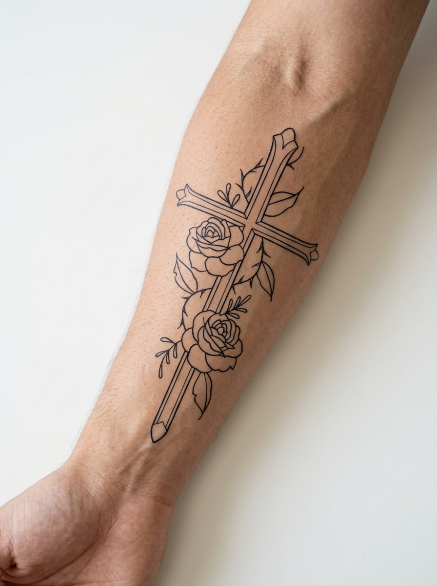 Tatouage Croix Florale appliqué sur avant-bras